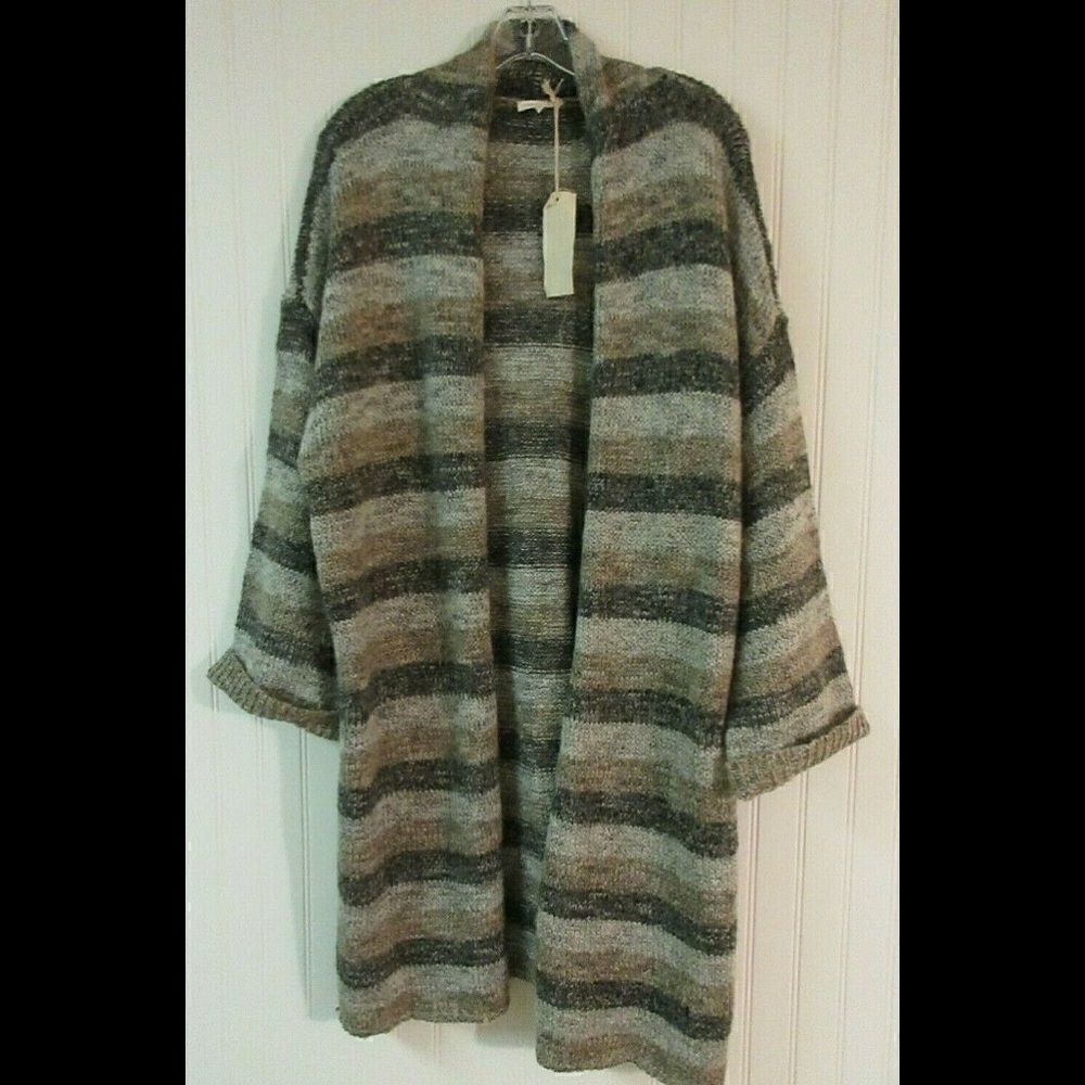 Mystree long cardigan sweater gray & brown LG NEW
